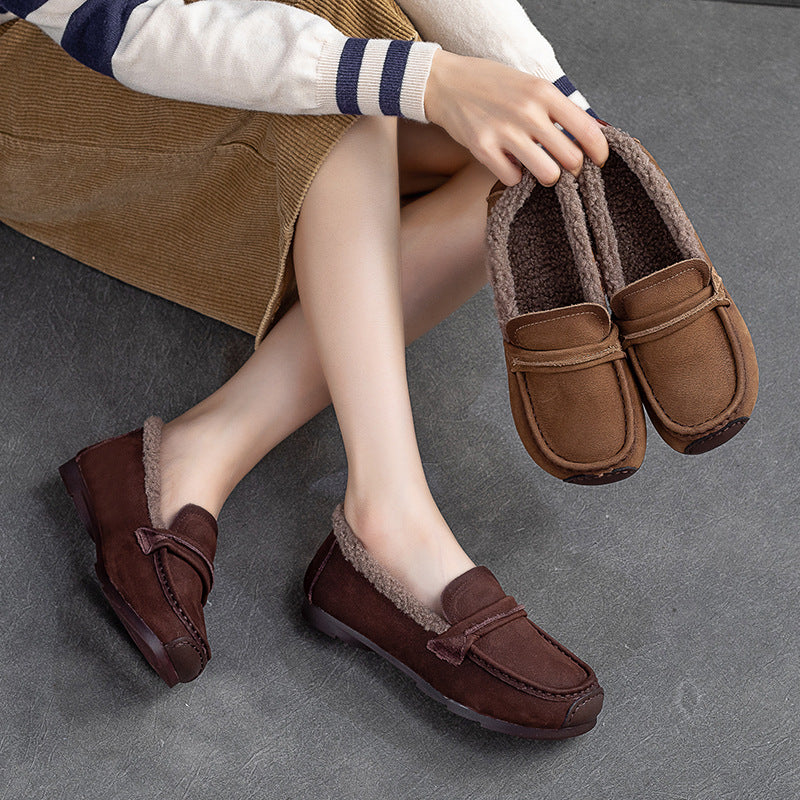 Women Retro Leather Flat Furred Winter Loafers-RAIIFY