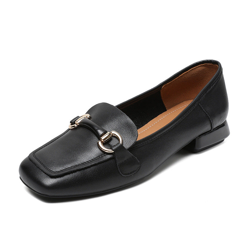 Women Minimalist Buckle Leather Low Block Loafers-RAIIFY