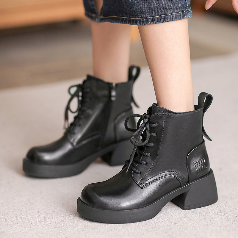 Women Retro Patchwork Leather Chunky Heel Boots-RAIIFY