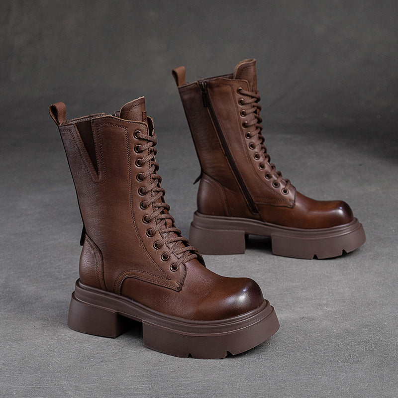 Women Retro Leather Chunky Platform Mid Calf Boots-RAIIFY