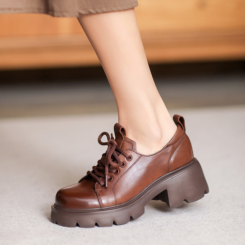 Women Retro Leather Chunky Platform Casual Shoes-RAIIFY