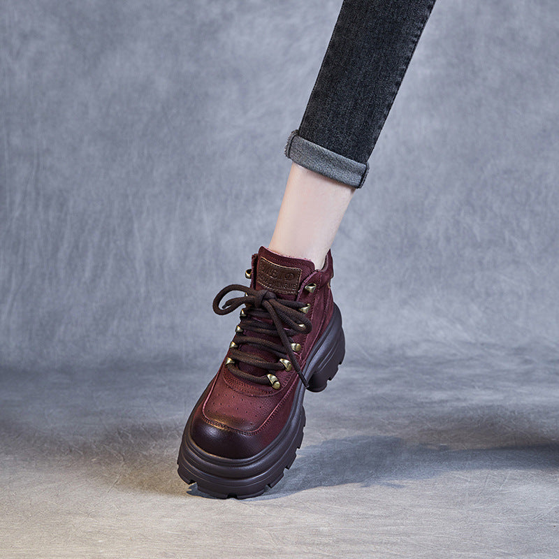 Women Retro Leather Chunky Platform Ankle Boots-RAIIFY