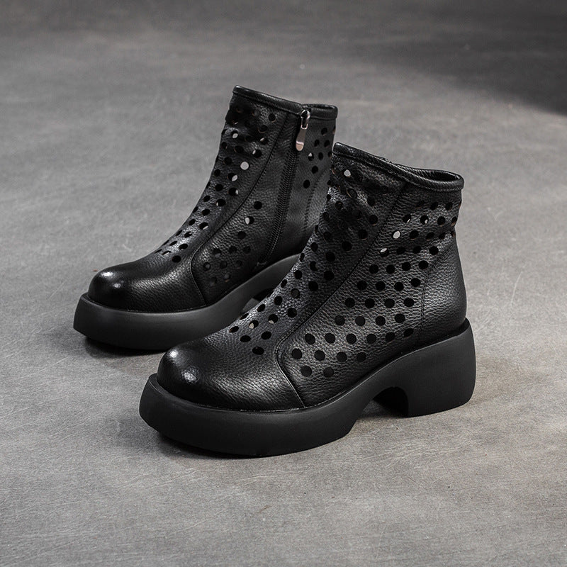 Women Minimalist Hollow Leather Chunky Platform Boots-RAIIFY