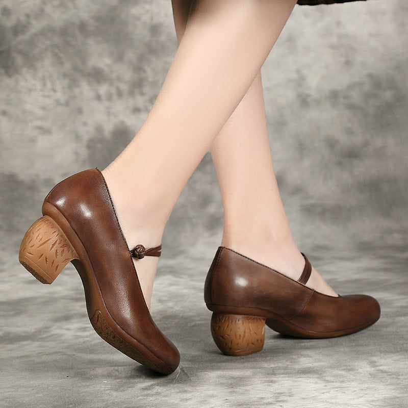 Women Retro Casual Leather Chunky Heel Pumps-RAIIFY
