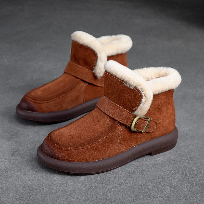 Women Retro Minimalist Leather Furred Winter Snow Boots-RAIIFY