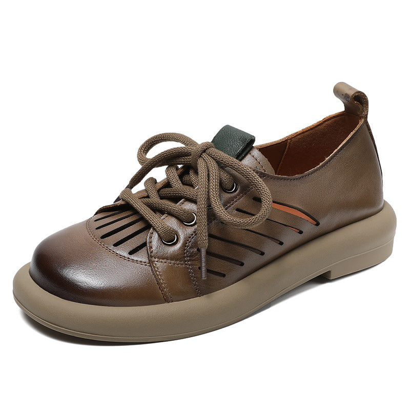 Women Retro Hollow Leather Flat Casual Shoes-RAIIFY