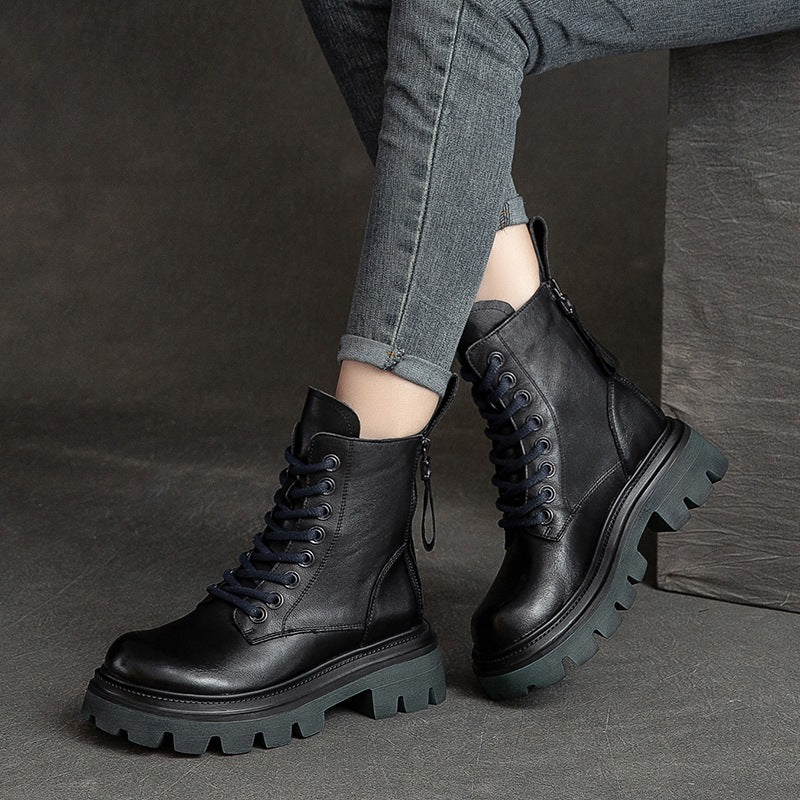 Women Retro Soft Leather Lug Sole Combat Boots-RAIIFY