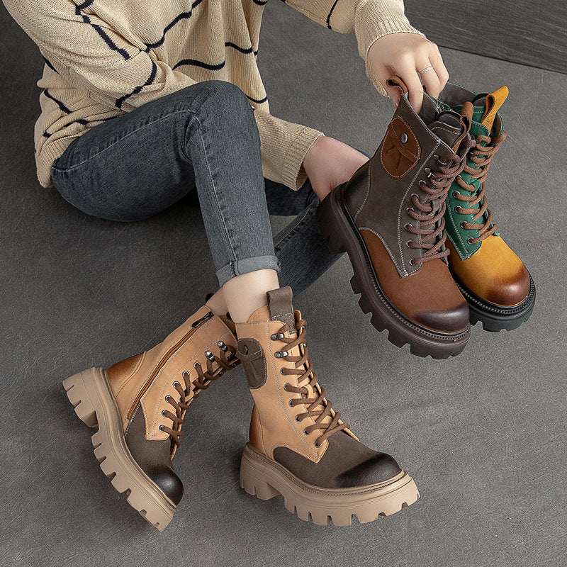 Women Retro Color Matching Patchwork Leather Combat Boots-RAIIFY