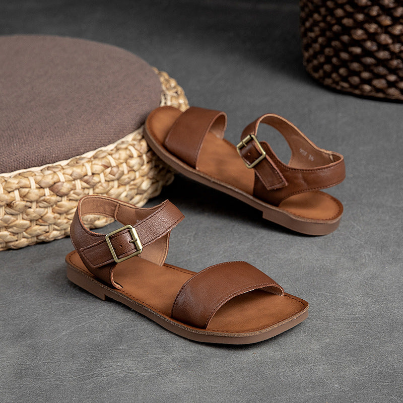 Women Summer Retro Casual Leather Buckle Flat Sandals-RAIIFY