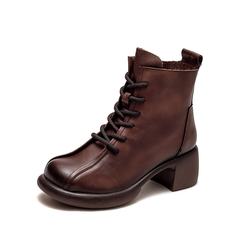 Women Retro Leather Chunky Heel Boots-RAIIFY