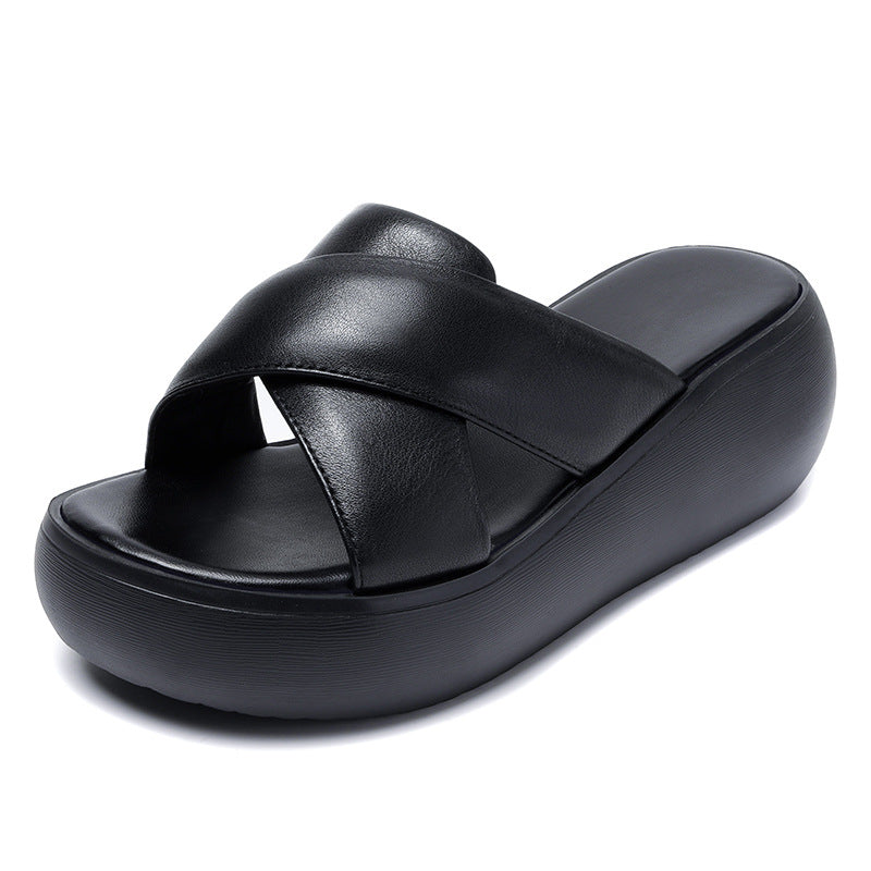 Women Leather Summer Casual Platform Slide Sandals-RAIIFY