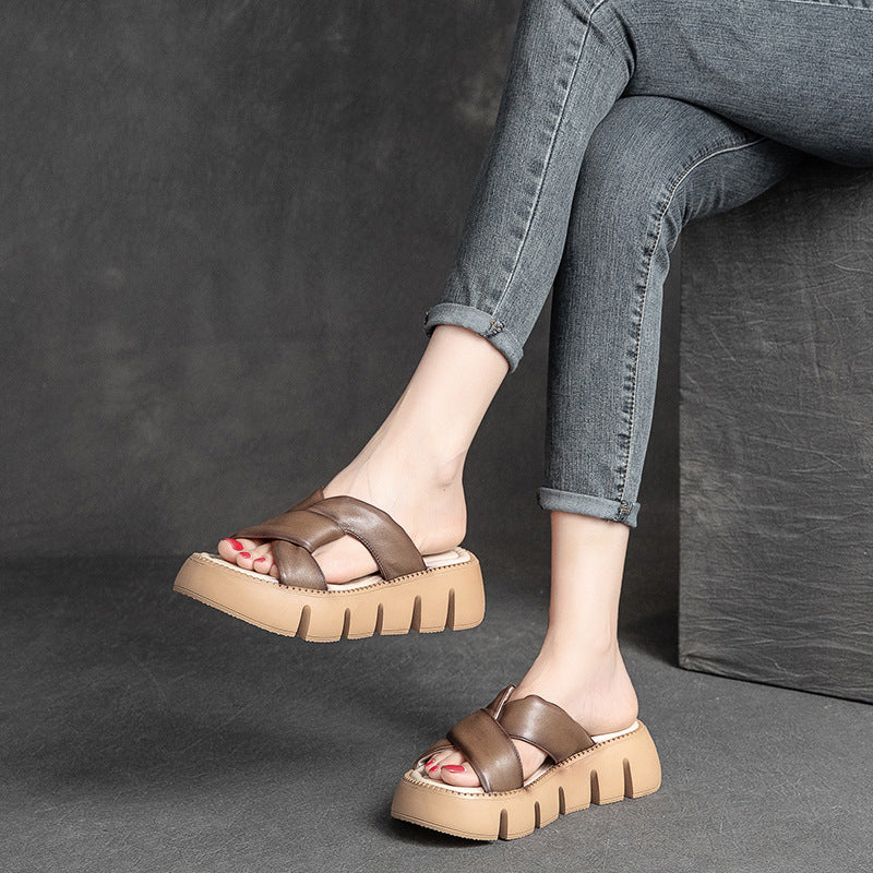 Women Retro Plaited Soft Leather Platform Slide Sandals-RAIIFY