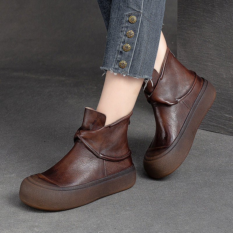 Women Retro Leather Thick Soled Ankle Boots-RAIIFY