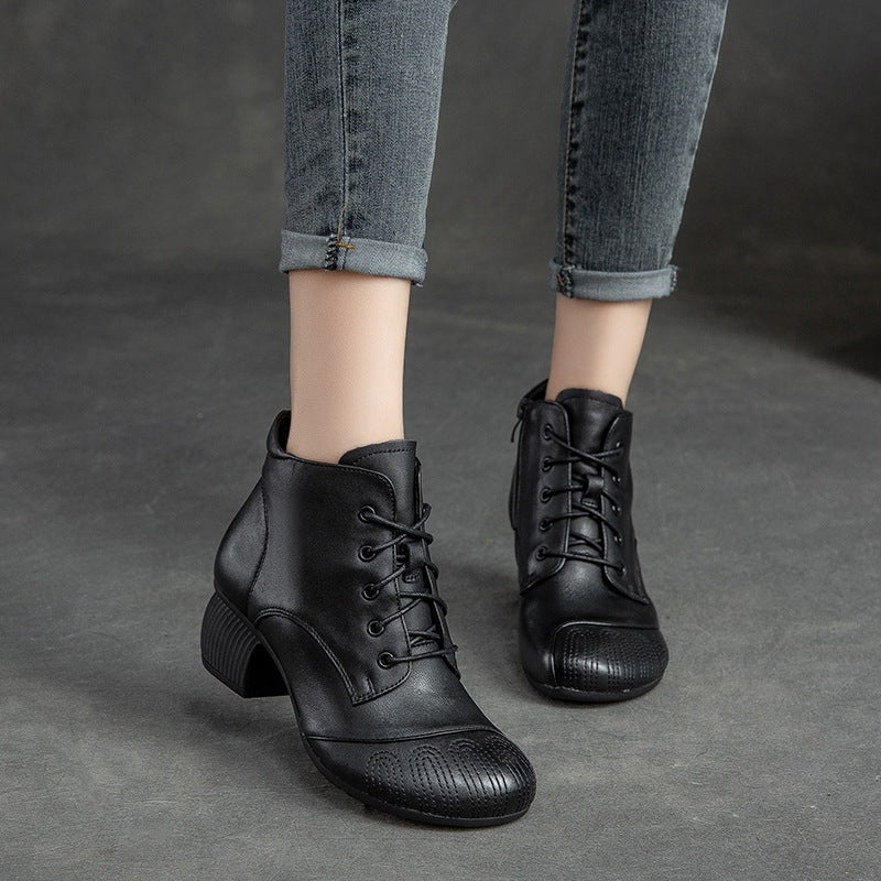 Women Retro Soft Leather Chunky Heel Ankle Boots-RAIIFY