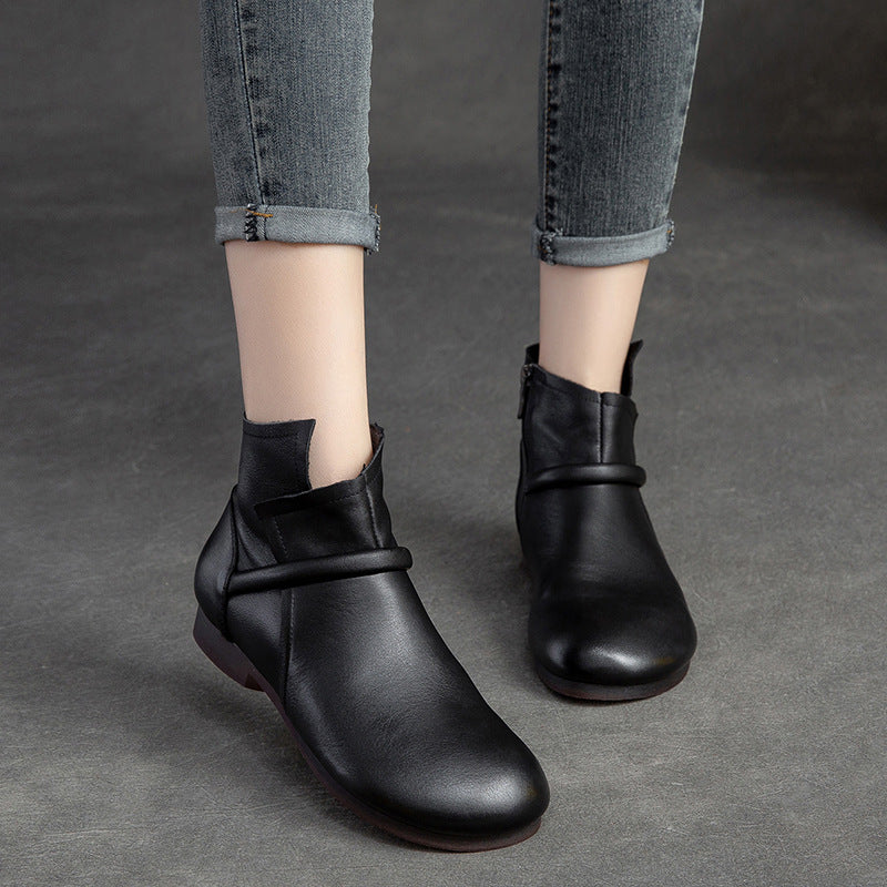 Women Retro Minimalist Leather Flat Casual Boots-RAIIFY