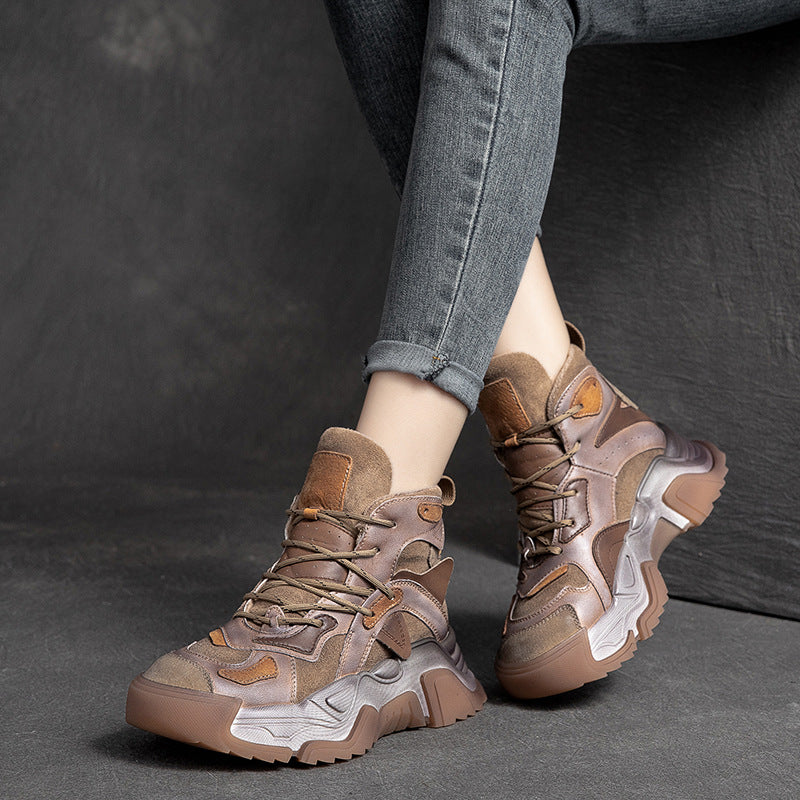 Women Retro Fashion Patchwork Leather Casual Boots-RAIIFY