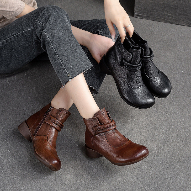 Women Retro Leather Low Heel Ankle Boots-RAIIFY