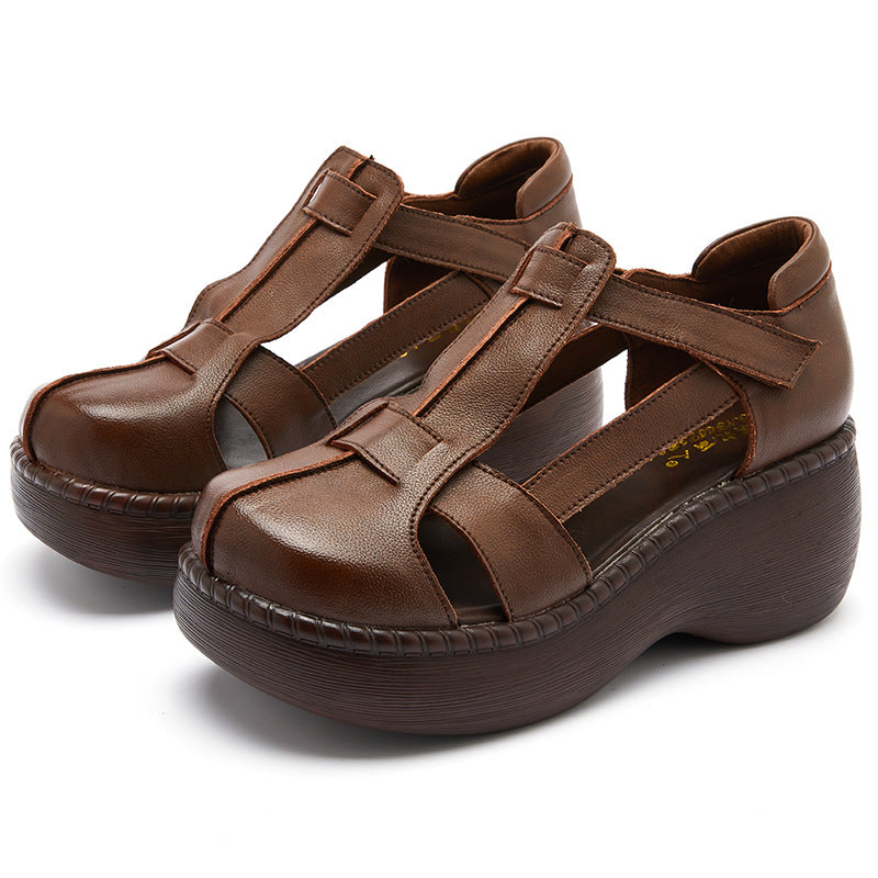 Women Retro Soft Plaited Leather Wedge Sandals-RAIIFY