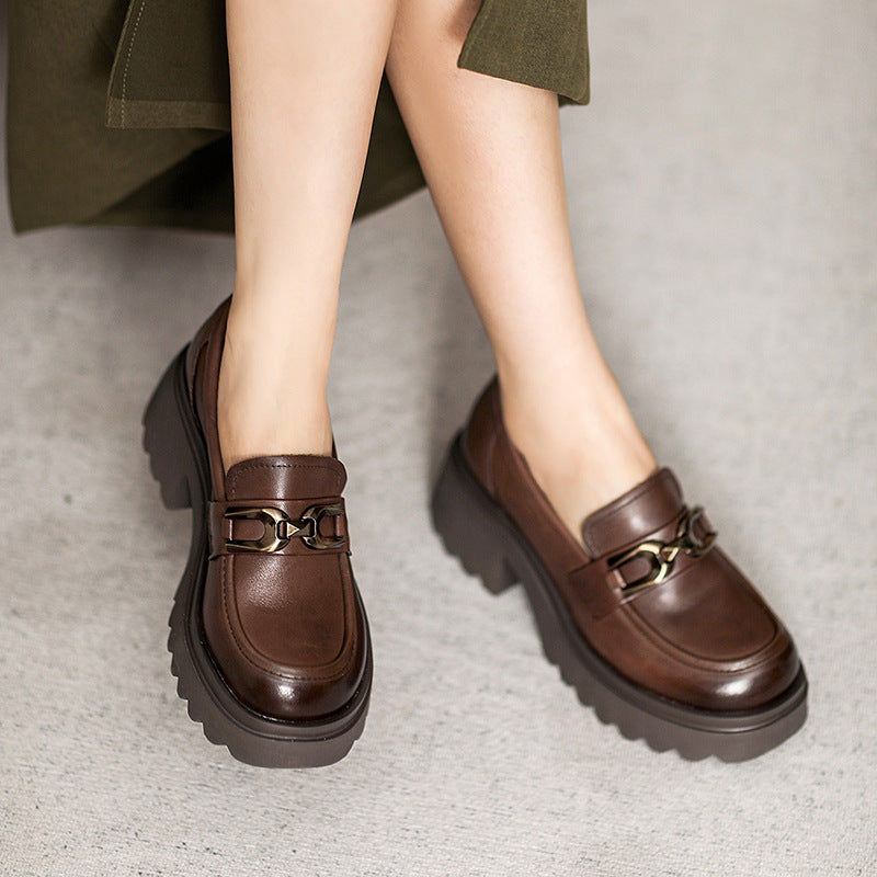 Women Retro Leather Chunky Sole Casual Loafers-RAIIFY