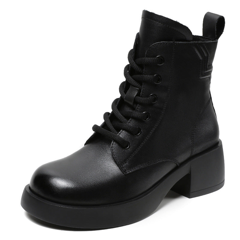 Women Patchwork Leather Casual Chunky Heel Boots-RAIIFY