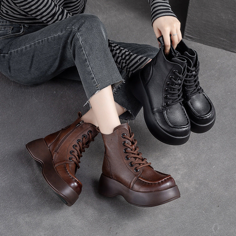 Women Retro Solid Leather Platform Boots-RAIIFY