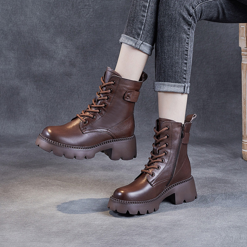 Women Minimalist Retro Leather Platform Boots-RAIIFY