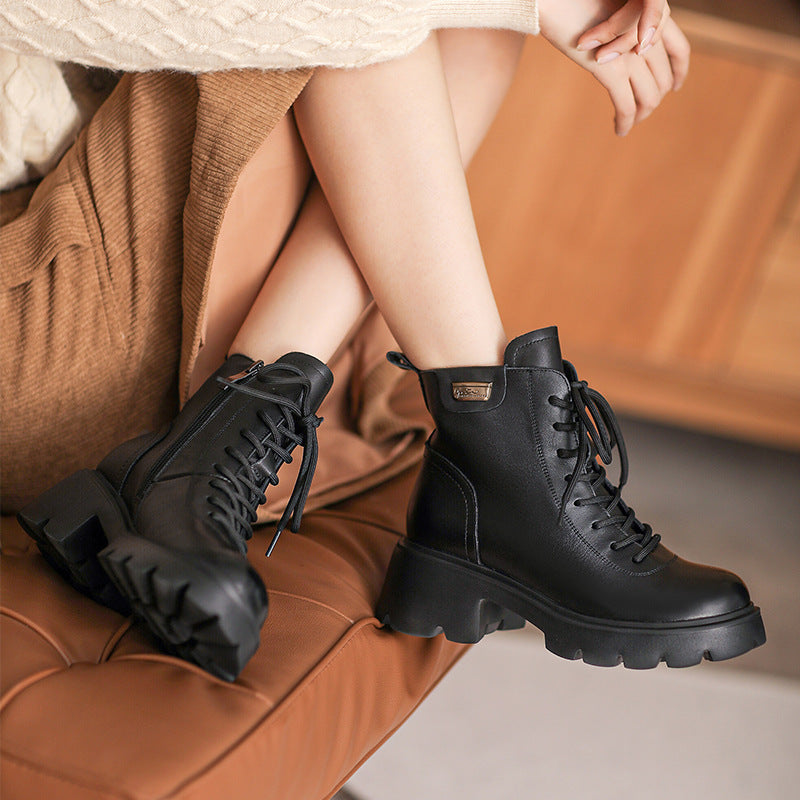 Women Retro Leather Minimalist Chunky Sole Boots-RAIIFY