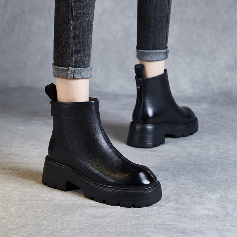 Women Minimalist Retro Leather Chunky Sole Boots-RAIIFY