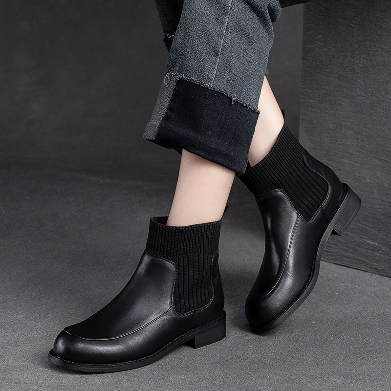 Women Retro Leather Patchwork Ankle Sock Boots-RAIIFY