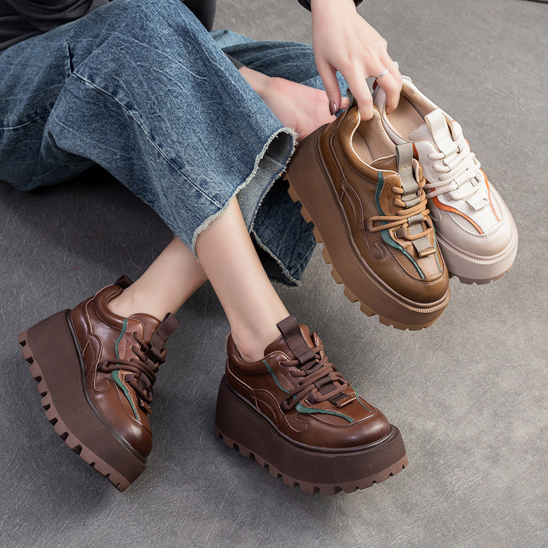 Women Retro Leather Platform Casual Shoes-RAIIFY