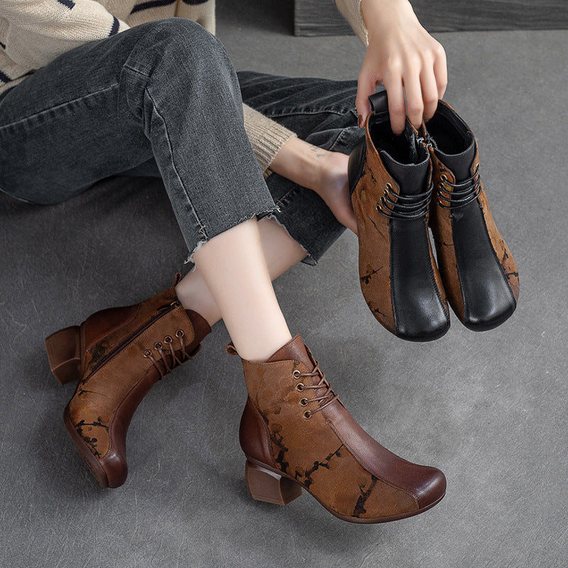 Women Retro Patchwork Handmade Chunky Heel Boots