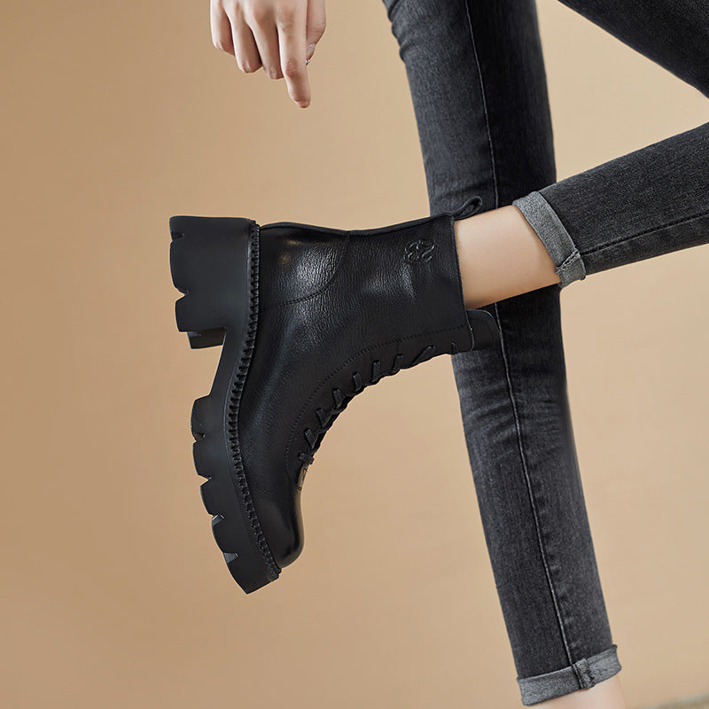 Women Retro Leather Chunky Heel Casual Boots-RAIIFY