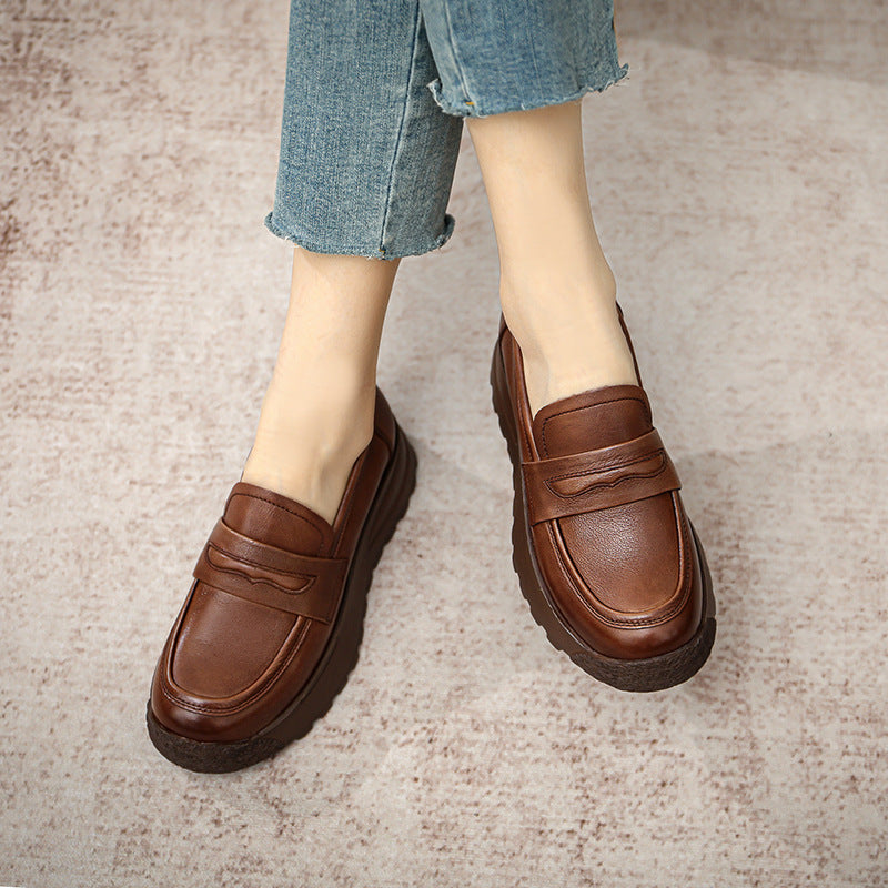 Women Retro Leather Casual Platform Loafers-RAIIFY