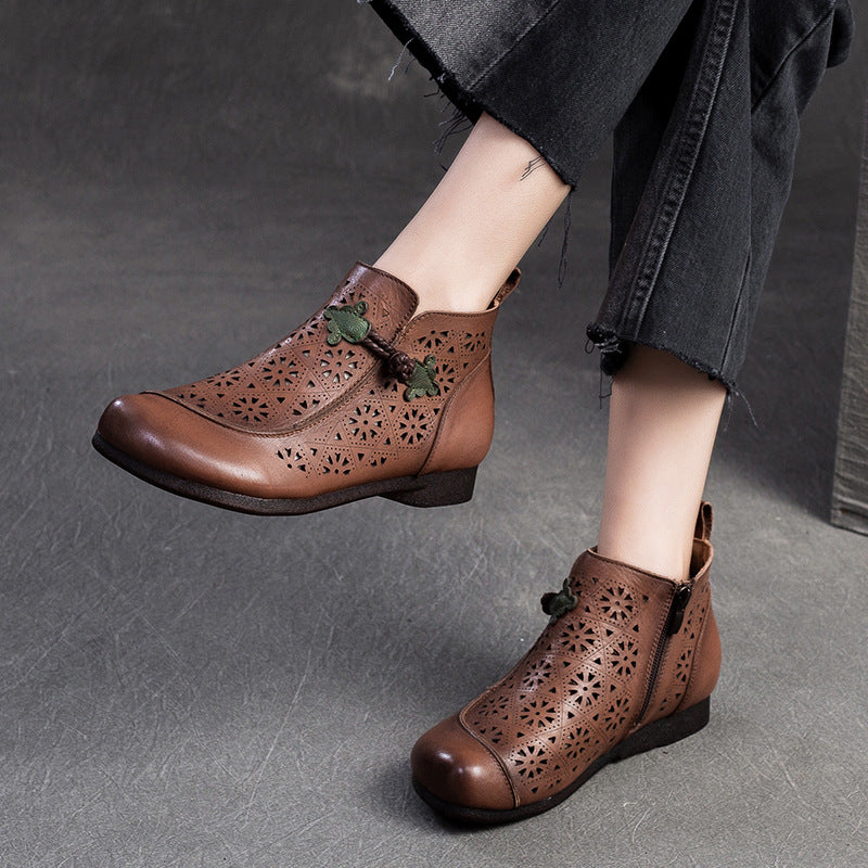 Women Retro Minimalist Hollow Leather Flat Ankle Boots-RAIIFY