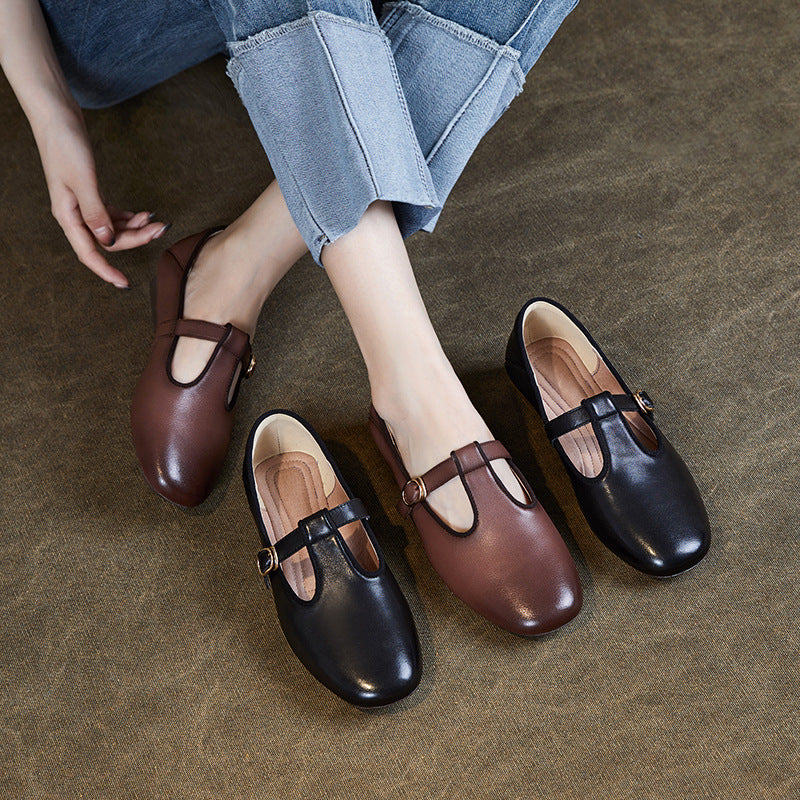 Women Retro Minimalist Leather Buckle Casual Shoes-RAIIFY