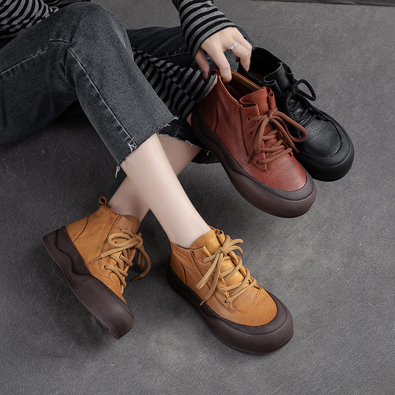 Women Retro Minimalist Leather Flat Ankle Boots-RAIIFY