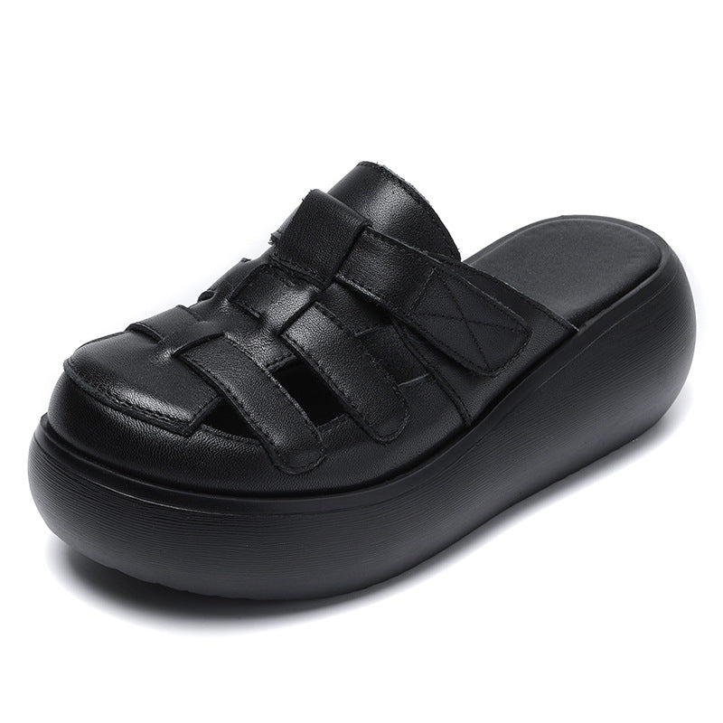 Women Retro Hollow Plaited Leather Wedge Slides-RAIIFY