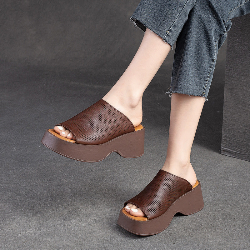 Women Summer Casual Leather Platform Slide Sandals-RAIIFY