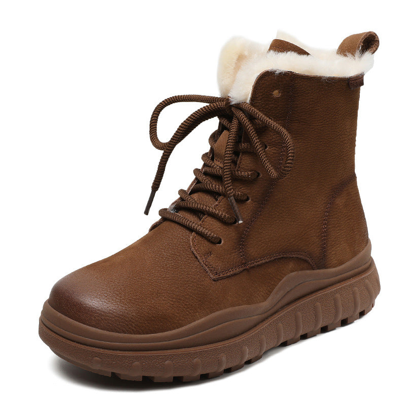 Women Retro Thick Soled Leather Snow Boots-RAIIFY