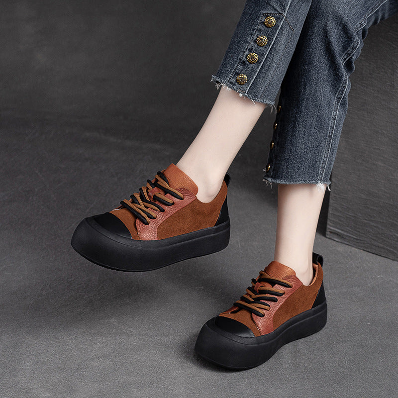 Women Retro Patchwork Leather Flat Casual Shoes-RAIIFY