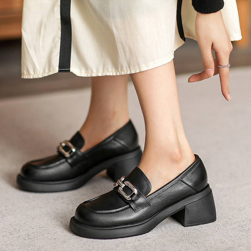 Women Retro Chain Leather Chunky Heel JK Loafers-RAIIFY