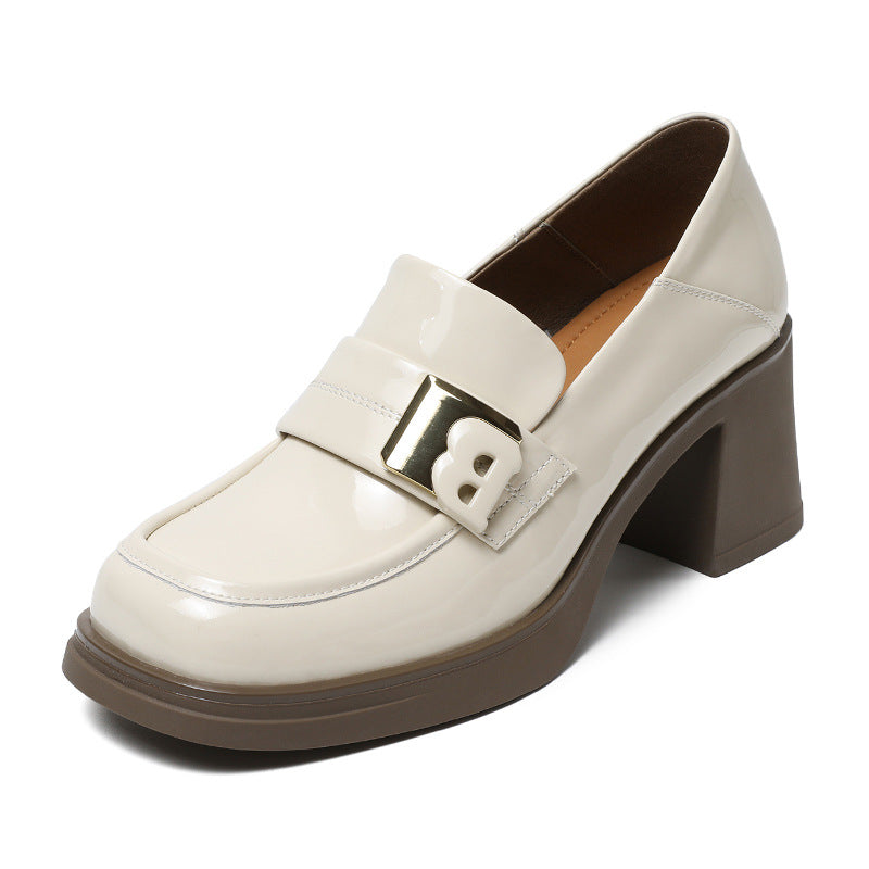 Women Casual Glossy Leather Chunky Heel Loafers-RAIIFY