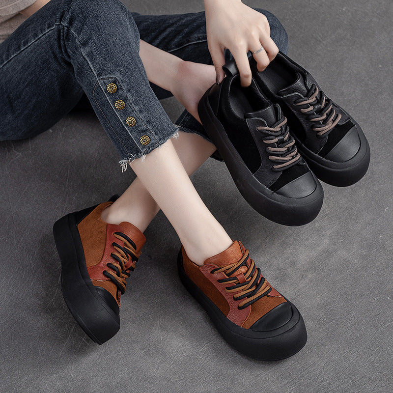 Women Retro Patchwork Leather Flat Casual Shoes-RAIIFY