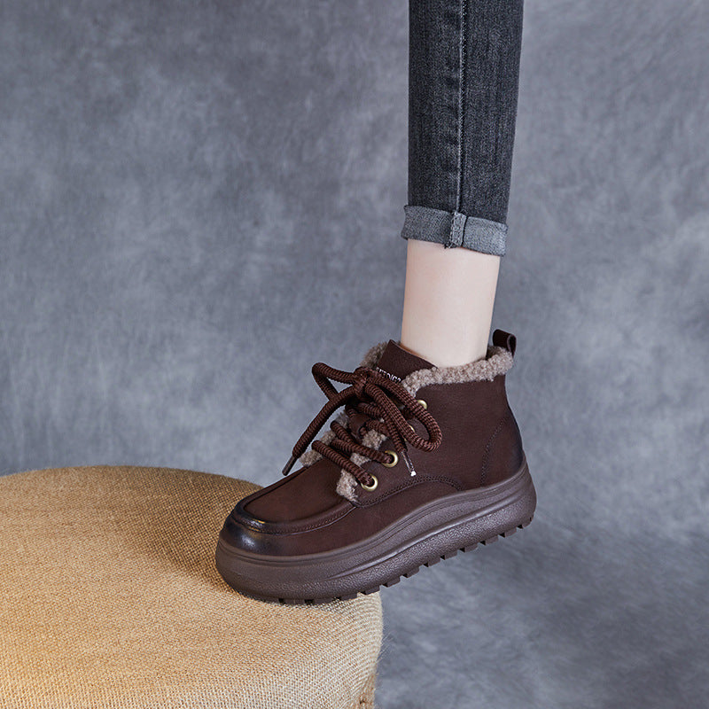 Women Retro Leather Winter Furred Ankle Boots-RAIIFY