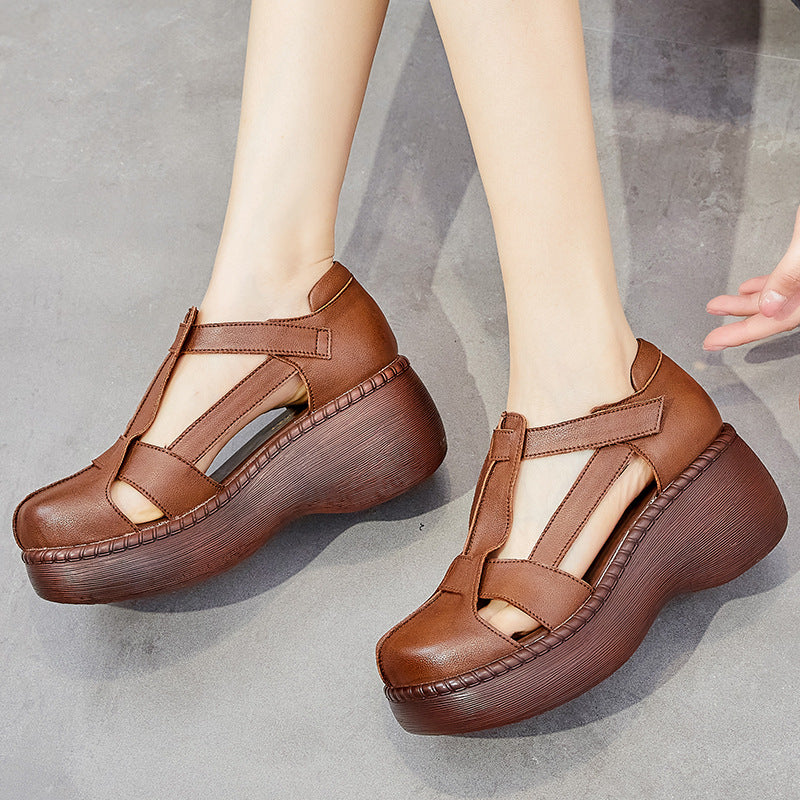 Women Retro Soft Plaited Leather Wedge Sandals-RAIIFY