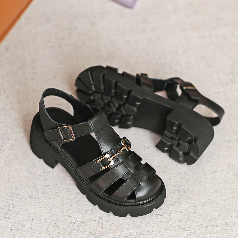 Women Summer Platied Leather Buckle Sandals-RAIIFY