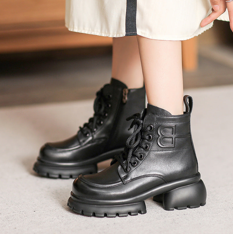 Women Retro Leather Chunky Platform Boots-RAIIFY