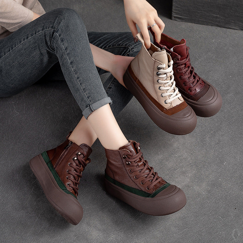Women Retro Patchwork Leather Flat Casual Ankle Boots-RAIIFY