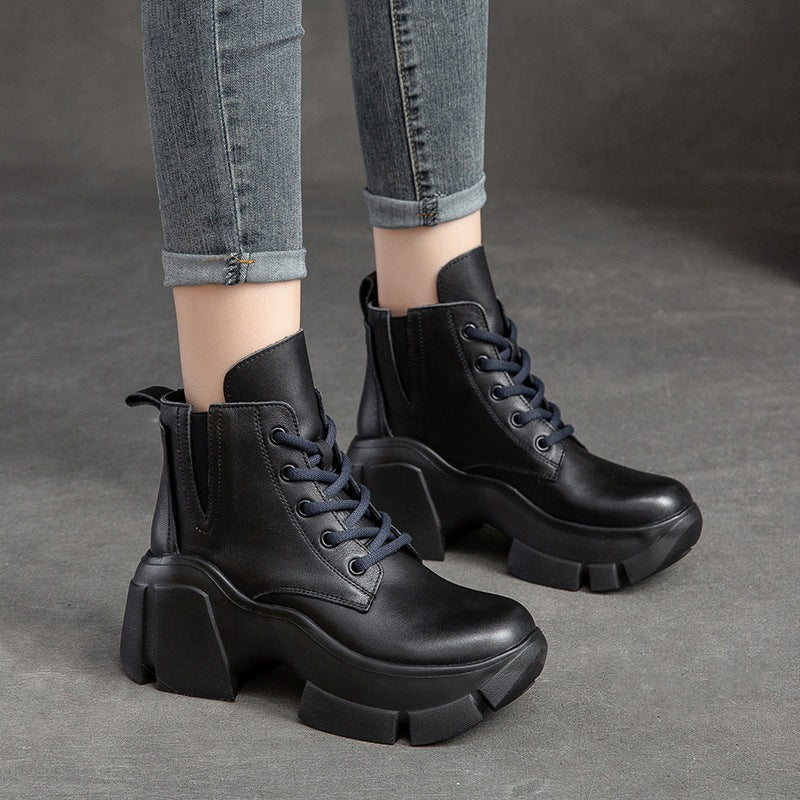 Women Retro Minimalist Leather Chunky Platform Boots-RAIIFY