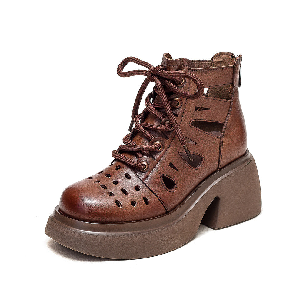Women Summer Hollow Leather Chunky Heel Ankle Boots-RAIIFY